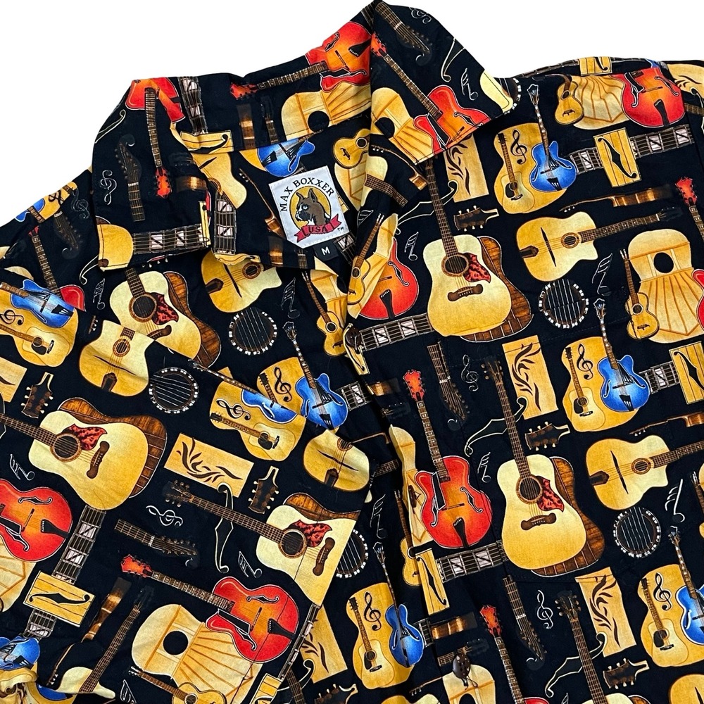 Vintage Max Boxxer Guitar Print Button Up Shirt Mens M Black Acoustic Electric‎